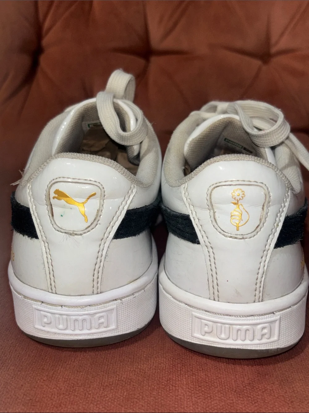 BTS X Puma basket white patent leather low top sneakers flower sole men’s 7.5